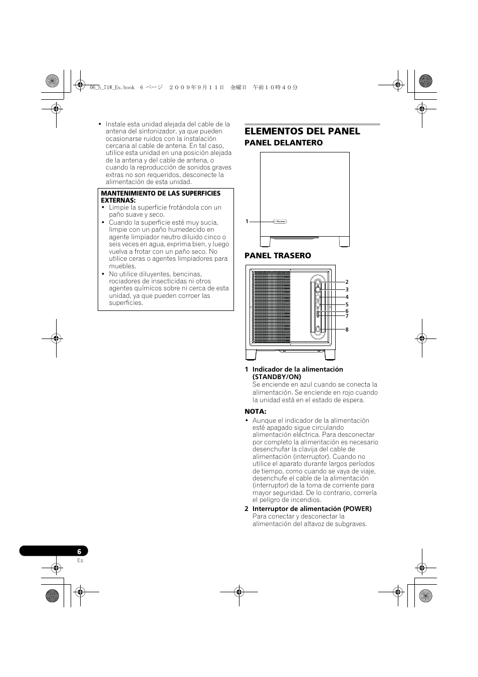 Elementos del panel, Panel delantero panel trasero | Pioneer S-71W User Manual | Page 46 / 98