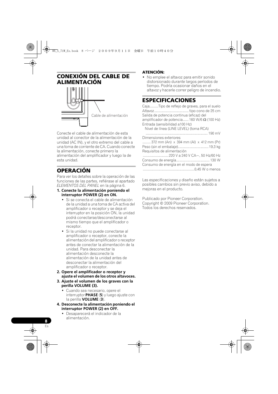 Conexión del cable de alimentación, Operación, Especificaciones | Pioneer S-71W User Manual | Page 48 / 98