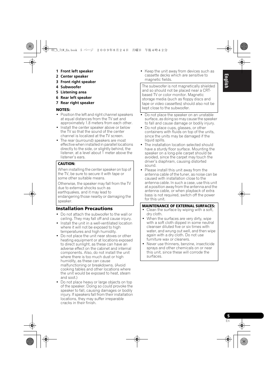 Installation precautions | Pioneer S-71W User Manual | Page 5 / 98