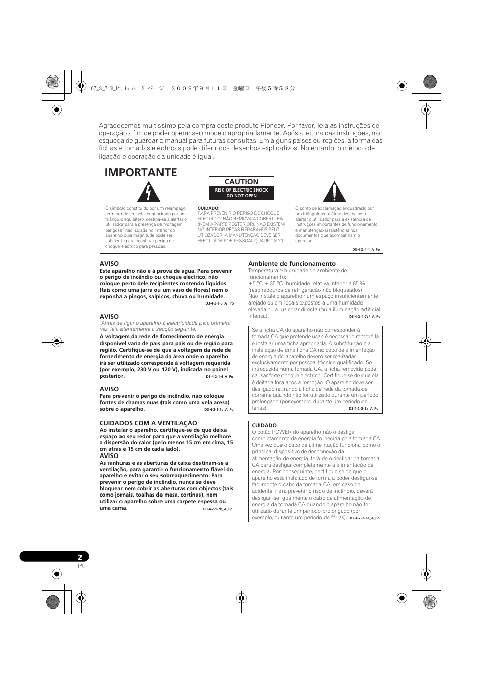 Importante, Caution | Pioneer S-71W User Manual | Page 50 / 98