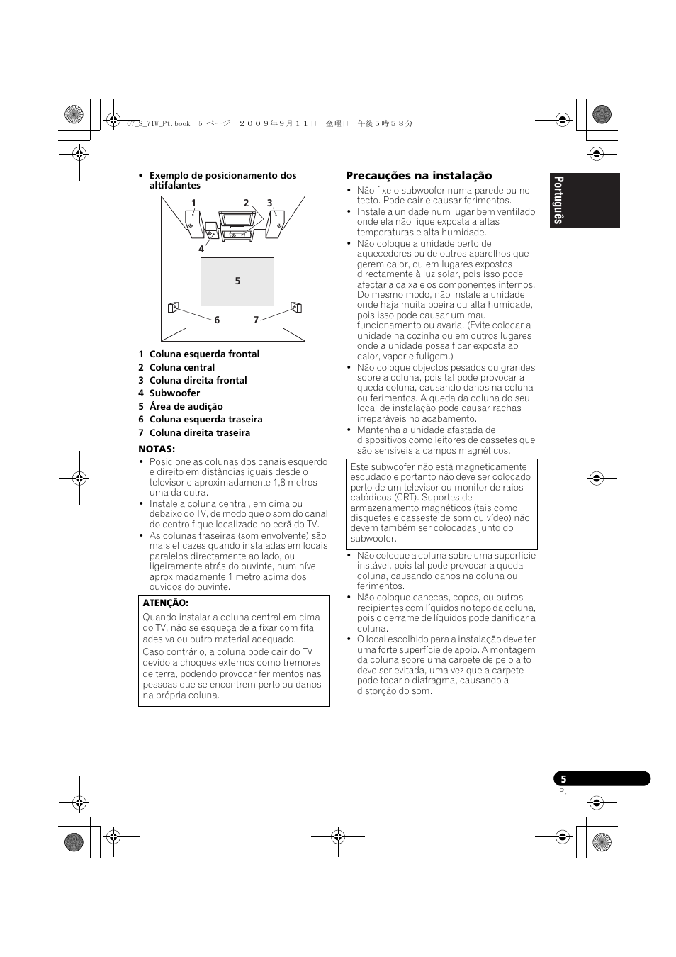 Precauções na instalação | Pioneer S-71W User Manual | Page 53 / 98