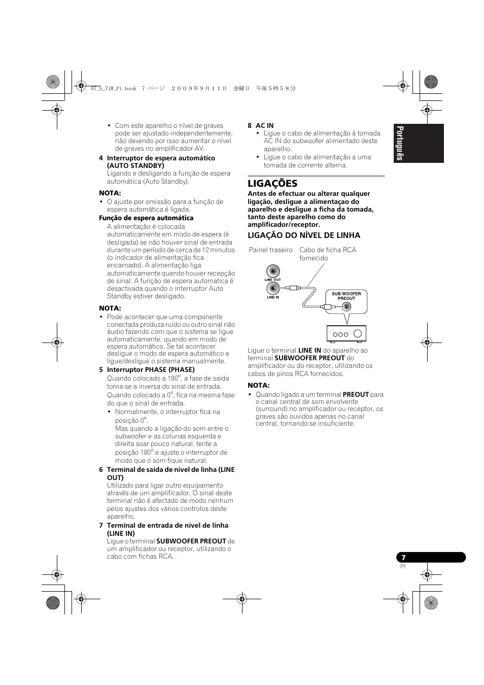 Ligações, Ligação do nível de linha | Pioneer S-71W User Manual | Page 55 / 98