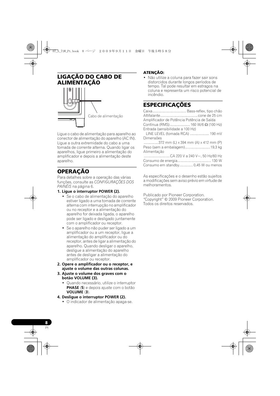 Ligação do cabo de alimentação, Operação, Especificações | Pioneer S-71W User Manual | Page 56 / 98