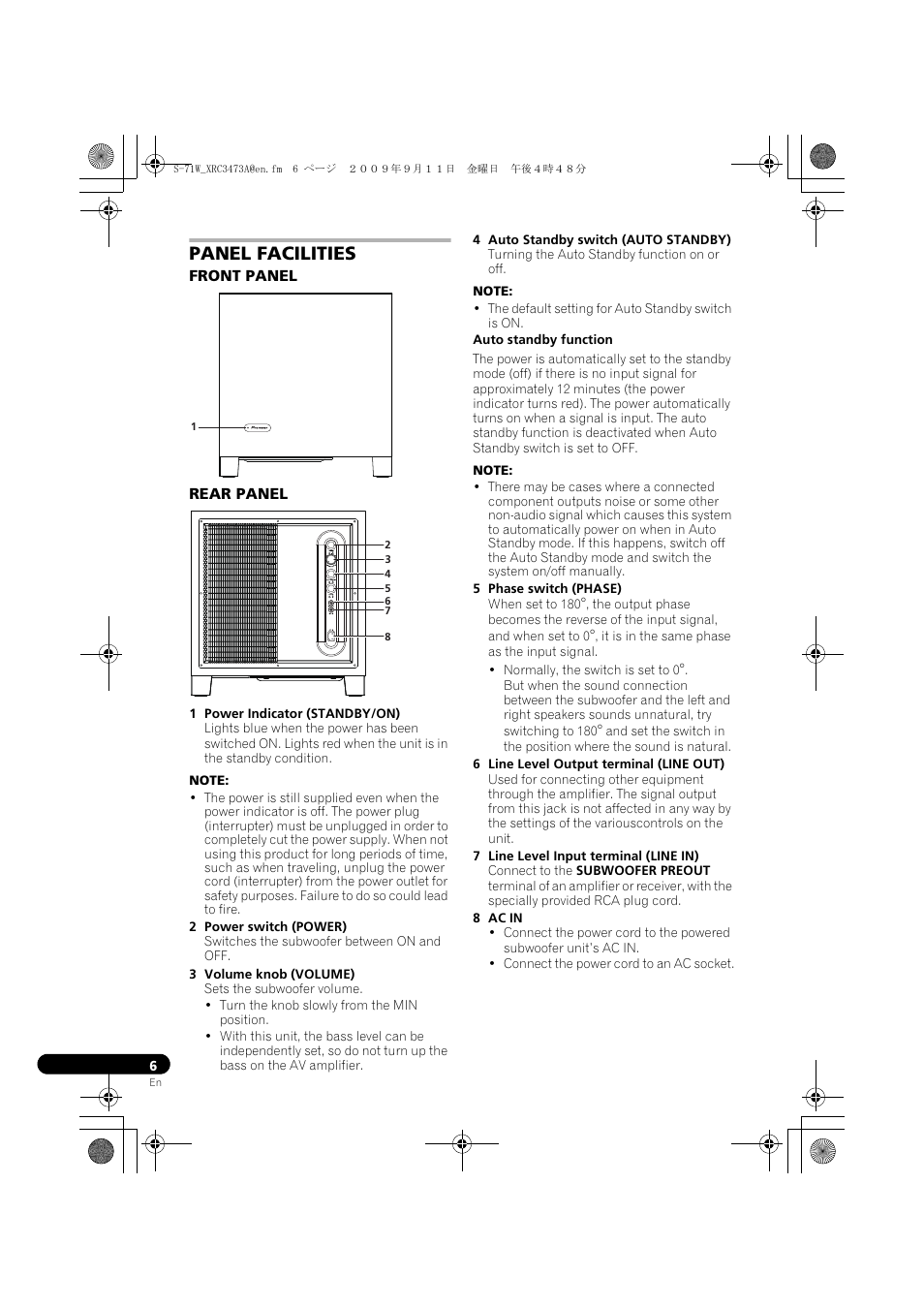 Panel facilities, Front panel rear panel | Pioneer S-71W User Manual | Page 6 / 98