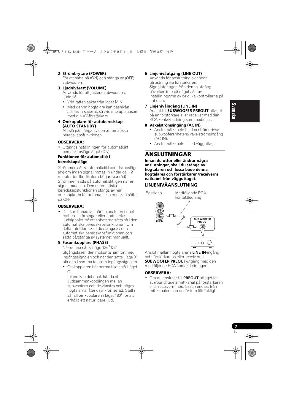 Anslutningar, Linjenivåanslutning | Pioneer S-71W User Manual | Page 63 / 98