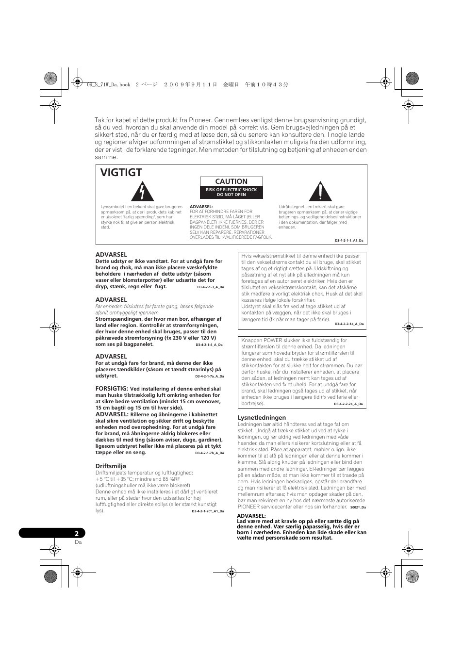 Vigtigt, Caution | Pioneer S-71W User Manual | Page 66 / 98