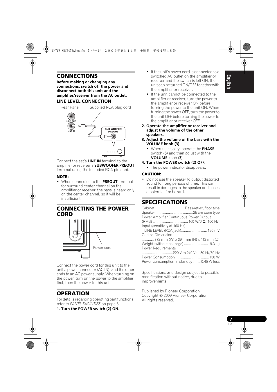 Connections, Line level connection, Operation specifications | Connecting the power cord, Operation, Specifications | Pioneer S-71W User Manual | Page 7 / 98