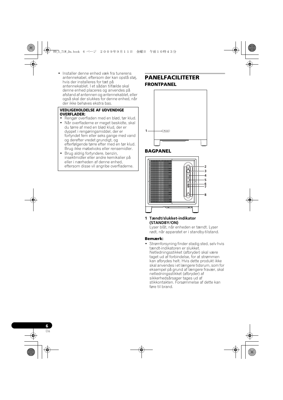 Panelfaciliteter, Frontpanel bagpanel | Pioneer S-71W User Manual | Page 70 / 98