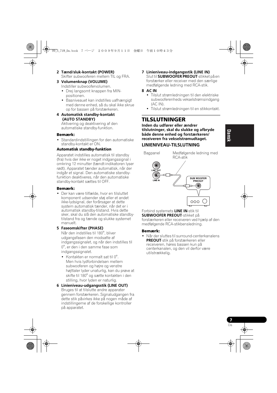 Tilslutninger, Linieniveau-tilslutning | Pioneer S-71W User Manual | Page 71 / 98