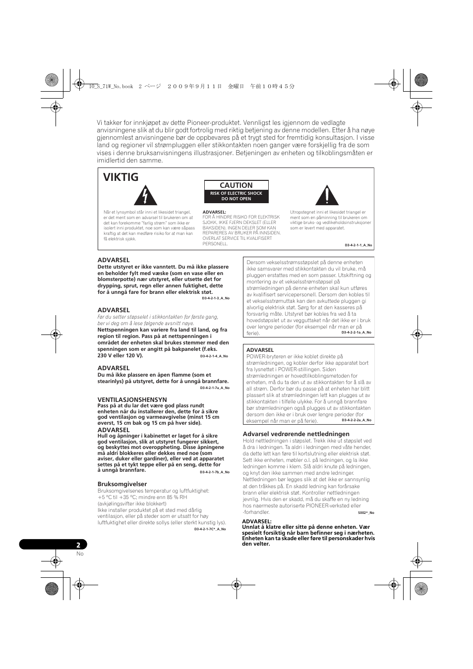 Viktig, Caution | Pioneer S-71W User Manual | Page 74 / 98