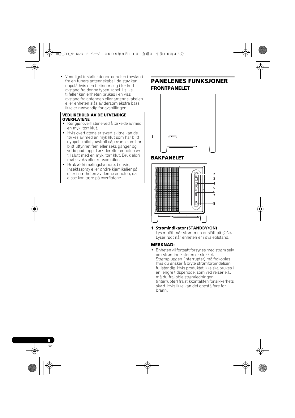 Panelenes funksjoner, Frontpanelet bakpanelet | Pioneer S-71W User Manual | Page 78 / 98