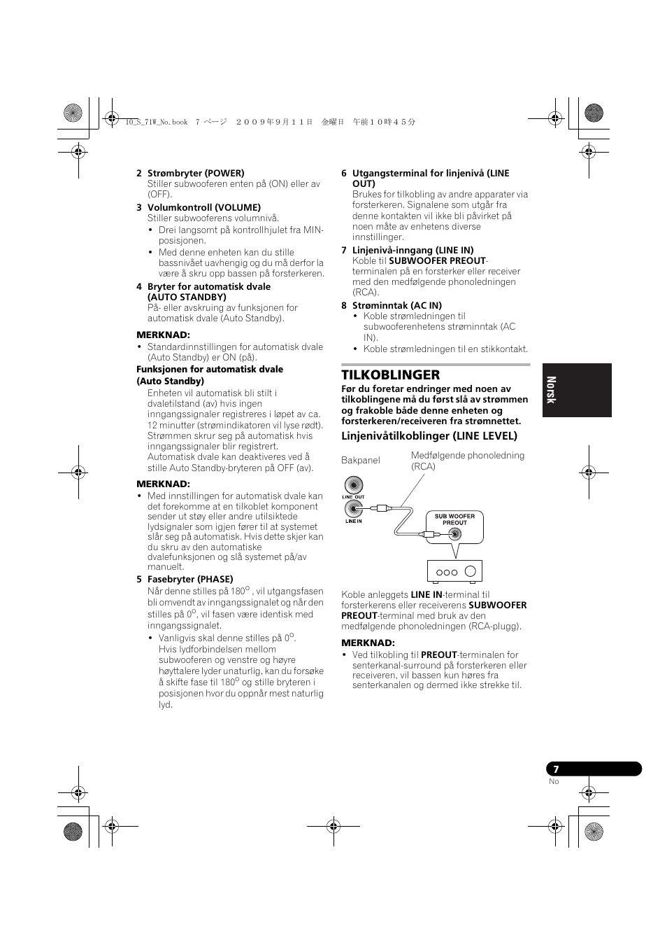 Tilkoblinger, Linjenivåtilkoblinger (line level) | Pioneer S-71W User Manual | Page 79 / 98