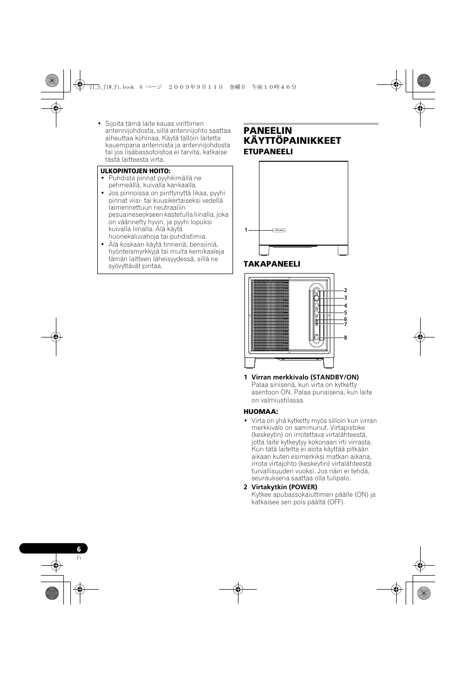 Paneelin käyttöpainikkeet, Etupaneeli takapaneeli | Pioneer S-71W User Manual | Page 86 / 98