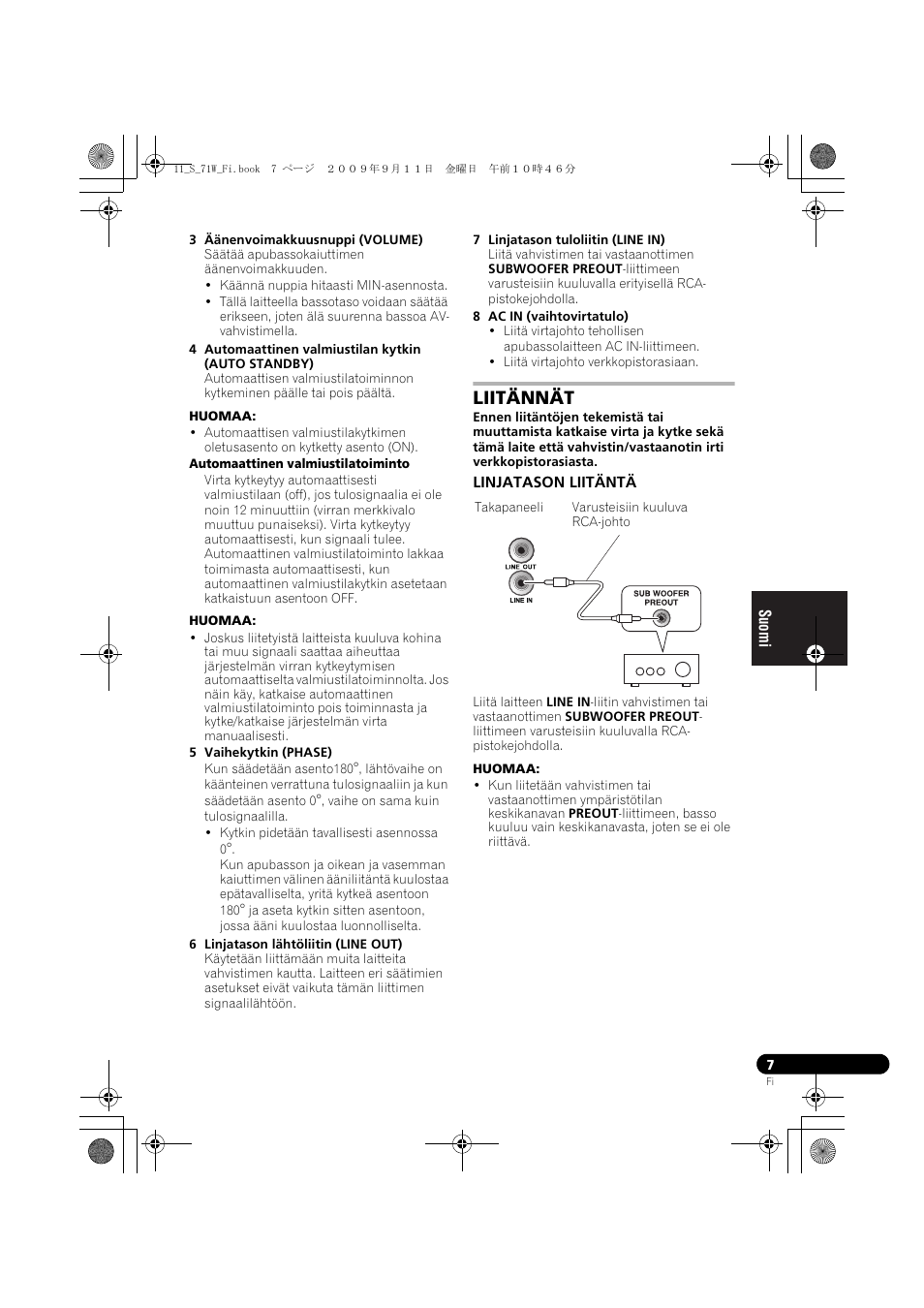 Liitännät, Linjatason liitäntä | Pioneer S-71W User Manual | Page 87 / 98