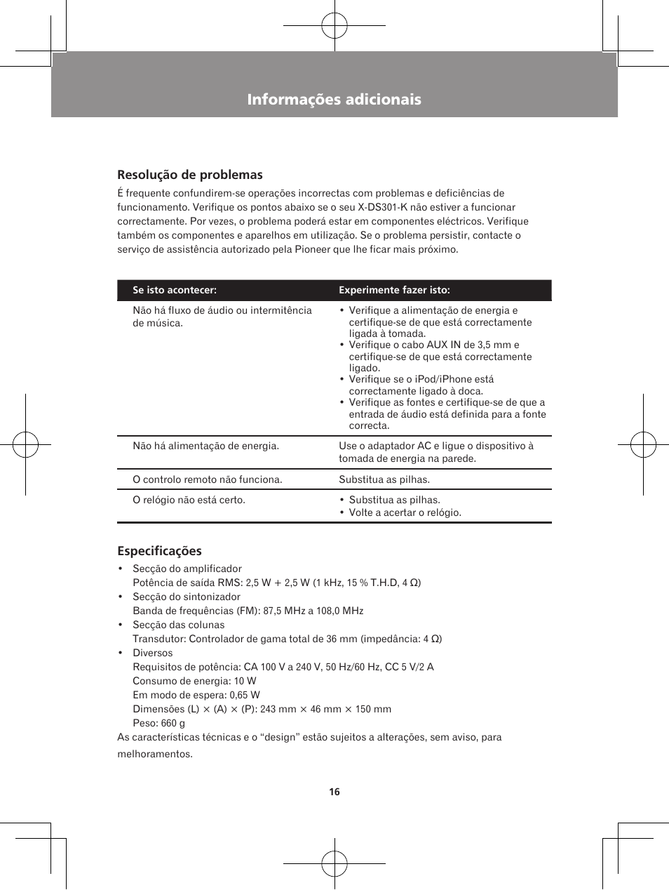 Informações adicionais, Resolução de problemas especificações | Pioneer X-DS301-K User Manual | Page 112 / 116