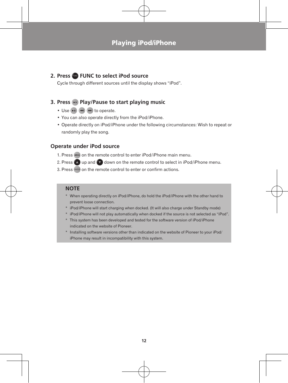 Playing ipod/iphone listening to fm radio | Pioneer X-DS301-K User Manual | Page 12 / 116