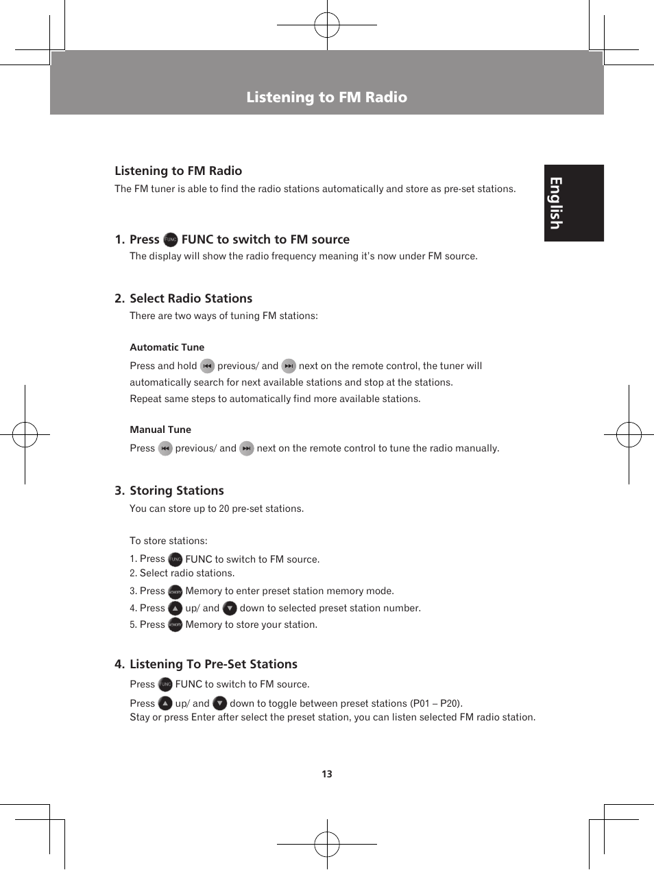 Listening to fm radio, Playing ipod/iphone | Pioneer X-DS301-K User Manual | Page 13 / 116