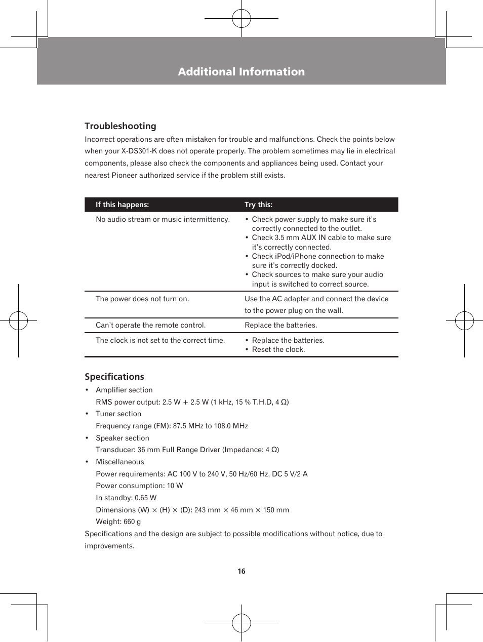 Additional information, Troubleshooting specifications | Pioneer X-DS301-K User Manual | Page 16 / 116