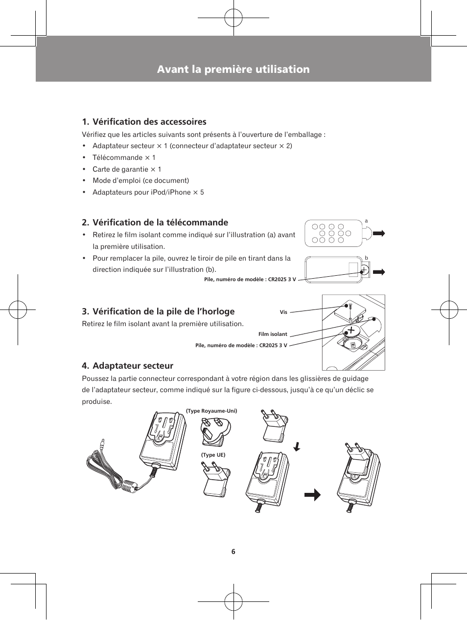 Avant la première utilisation, Vérification des accessoires, Vérification de la télécommande | Vérification de la pile de l’horloge, Adaptateur secteur | Pioneer X-DS301-K User Manual | Page 22 / 116