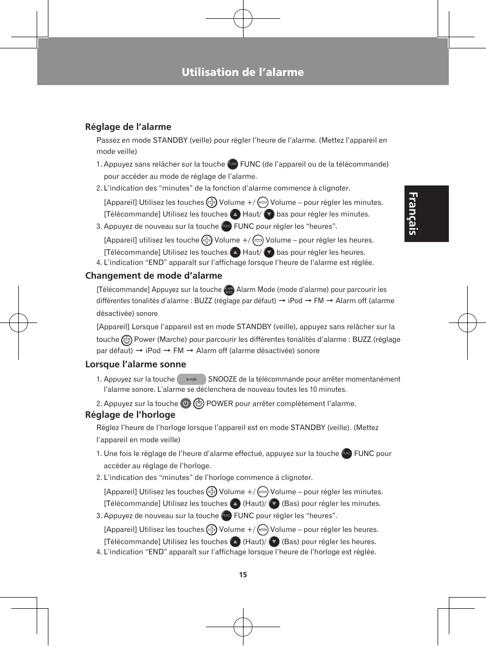 Utilisation de l’alarme, Utilisation de l’entrée auxiliaire | Pioneer X-DS301-K User Manual | Page 31 / 116