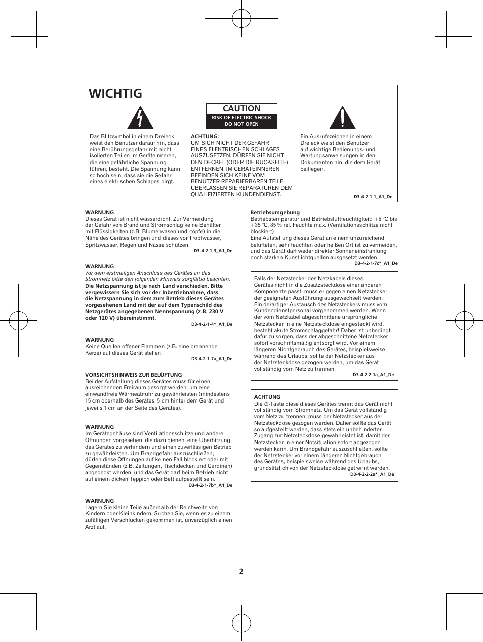 Wichtig, Caution | Pioneer X-DS301-K User Manual | Page 34 / 116