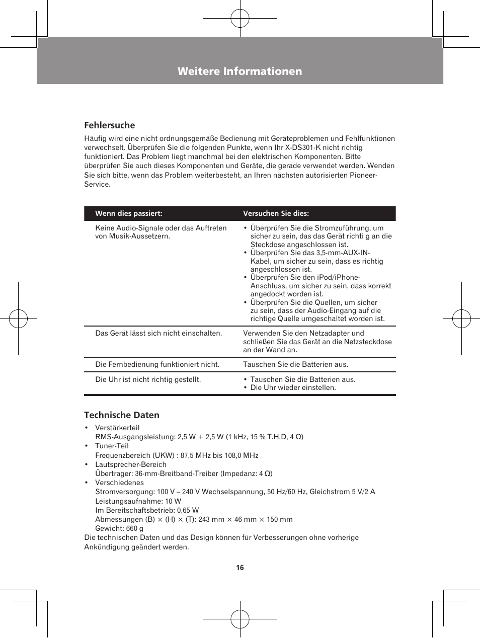 Weitere informationen, Fehlerbehebung technische daten | Pioneer X-DS301-K User Manual | Page 48 / 116
