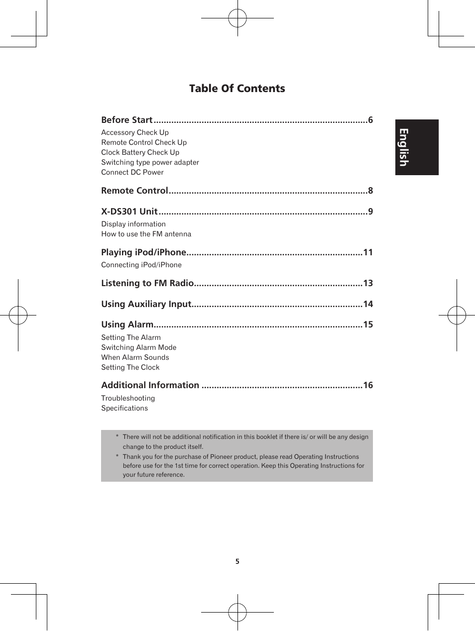 Docking speaker with alarm clock, Operating instructions | Pioneer X-DS301-K User Manual | Page 5 / 116