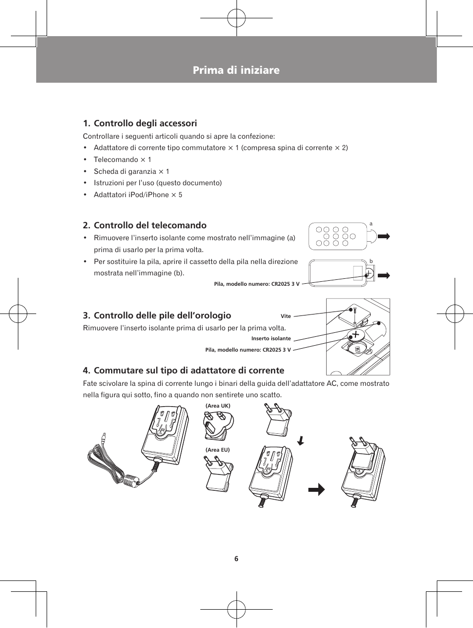 Prima di iniziare, Controllo degli accessori, Controllo del telecomando | Controllo delle pile dell’orologio, Commutare sul tipo di adattatore di corrente | Pioneer X-DS301-K User Manual | Page 54 / 116