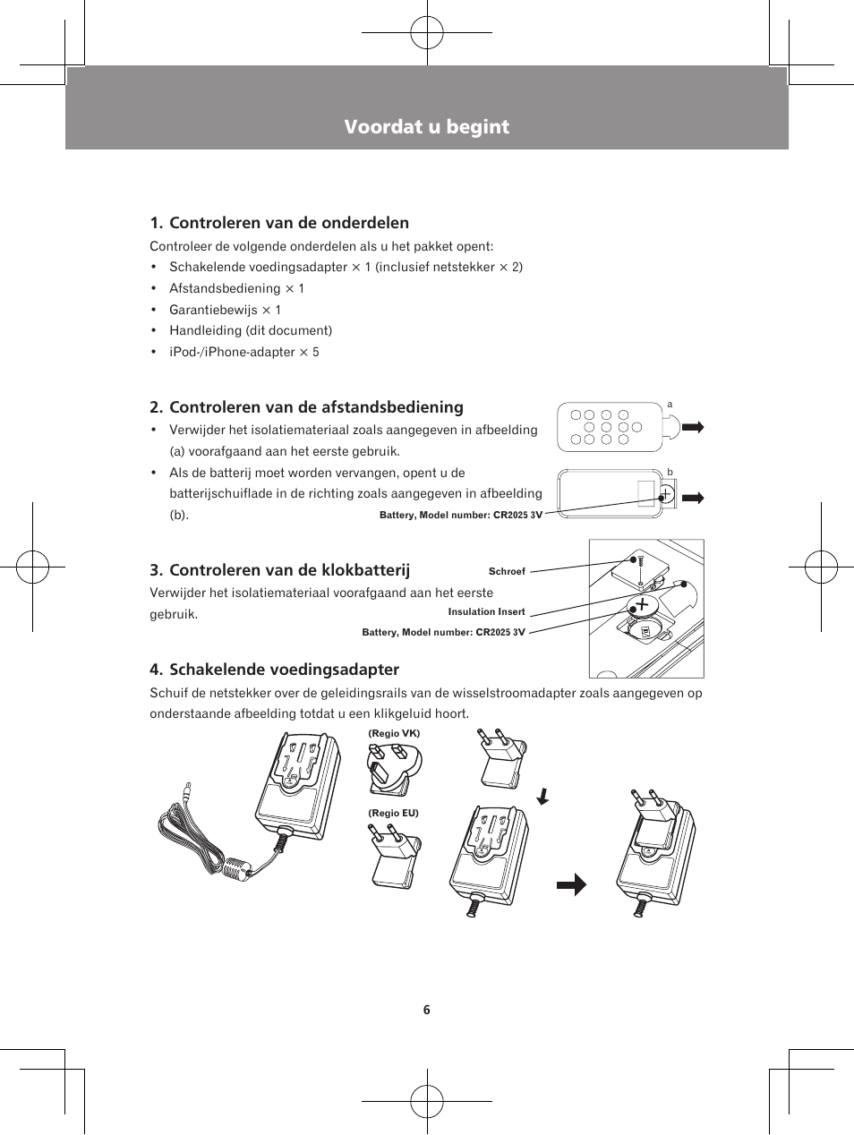 Voordat u begint, Controleren van de onderdelen, Controleren van de afstandsbediening | Controleren van de klokbatterij, Schakelende voedingsadapter | Pioneer X-DS301-K User Manual | Page 70 / 116