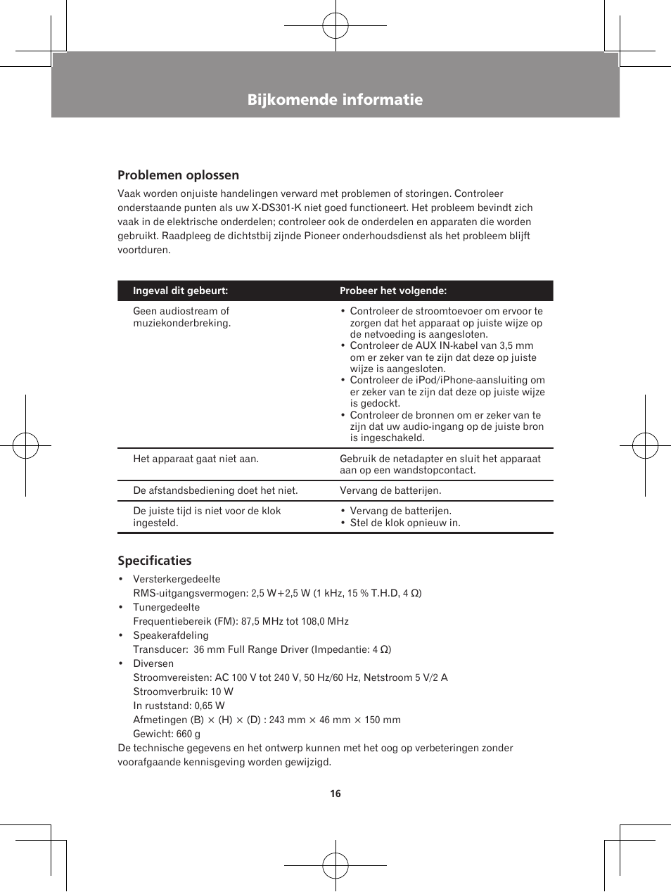 Bijkomende informatie, Problemen oplossen specificaties | Pioneer X-DS301-K User Manual | Page 80 / 116
