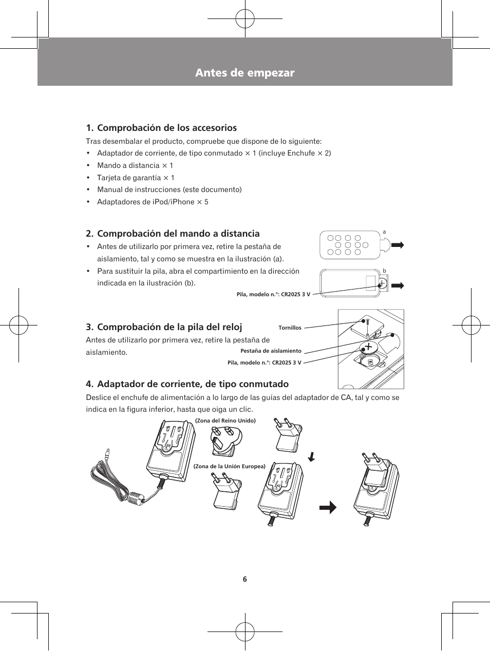 Antes de empezar, Comprobación de los accesorios, Comprobación del mando a distancia | Comprobación de la pila del reloj, Adaptador de corriente, de tipo conmutado | Pioneer X-DS301-K User Manual | Page 86 / 116