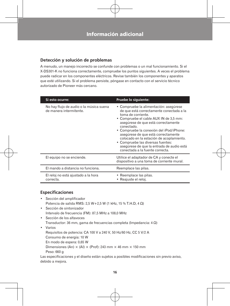 Información adicional, Detección y solución de problemas especificaciones | Pioneer X-DS301-K User Manual | Page 96 / 116