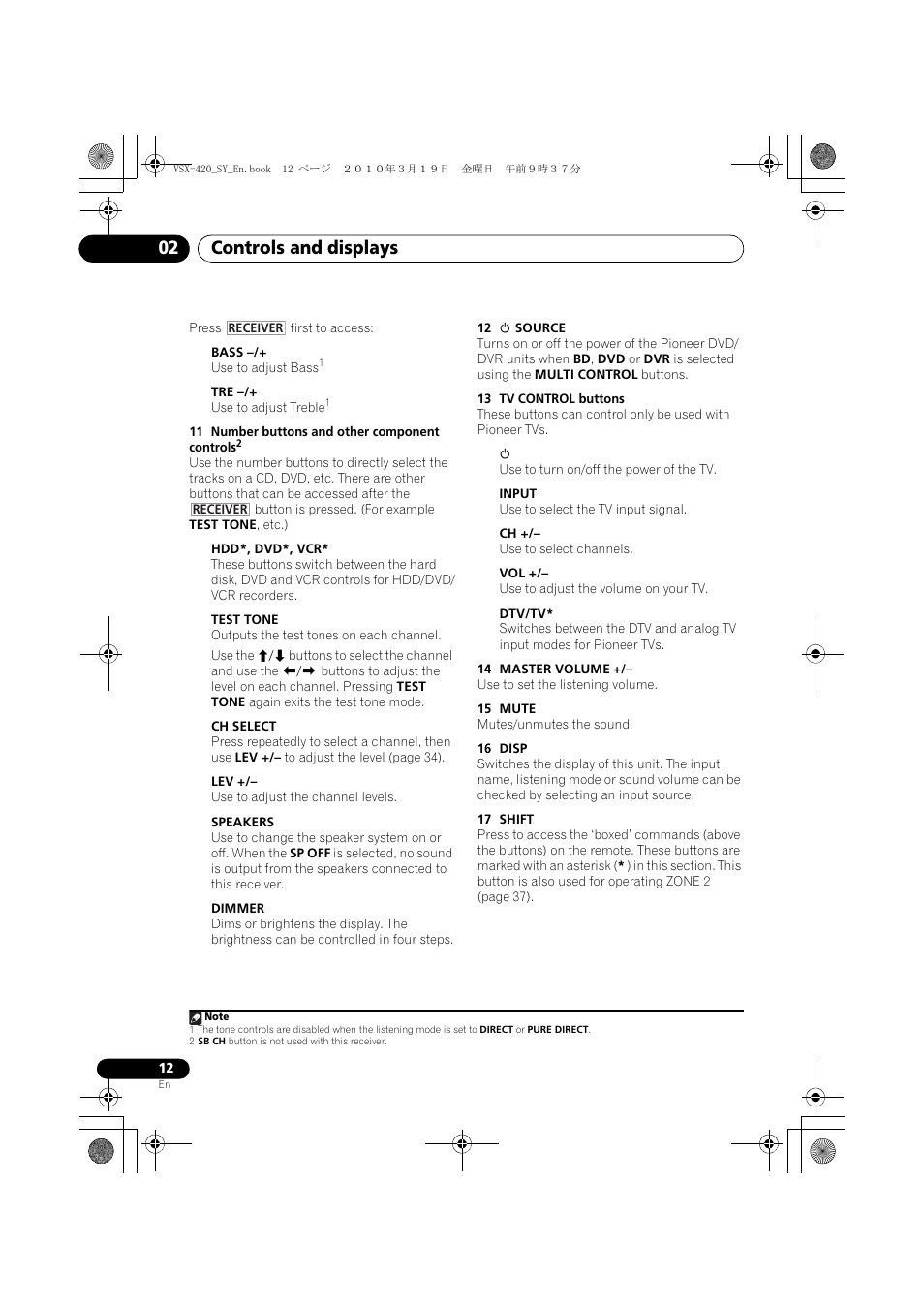 Controls and displays 02 | Pioneer VSX-420-S User Manual | Page 12 / 136