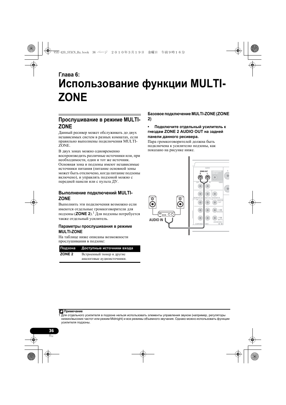 06 использование функции multi-zone, Прослушивание в режиме multi-zone, Выполнение подключений multi-zone | Использование функции multi- zone, Глава 6, Прослушивание в режиме multi- zone, Выполнение подключений multi- zone, Параметры прослушивания в режиме multi-zone, Базовое подключение multi-zone (zone 2), Для подзоны потребуется также отдельный усилитель | Pioneer VSX-420-S User Manual | Page 124 / 136