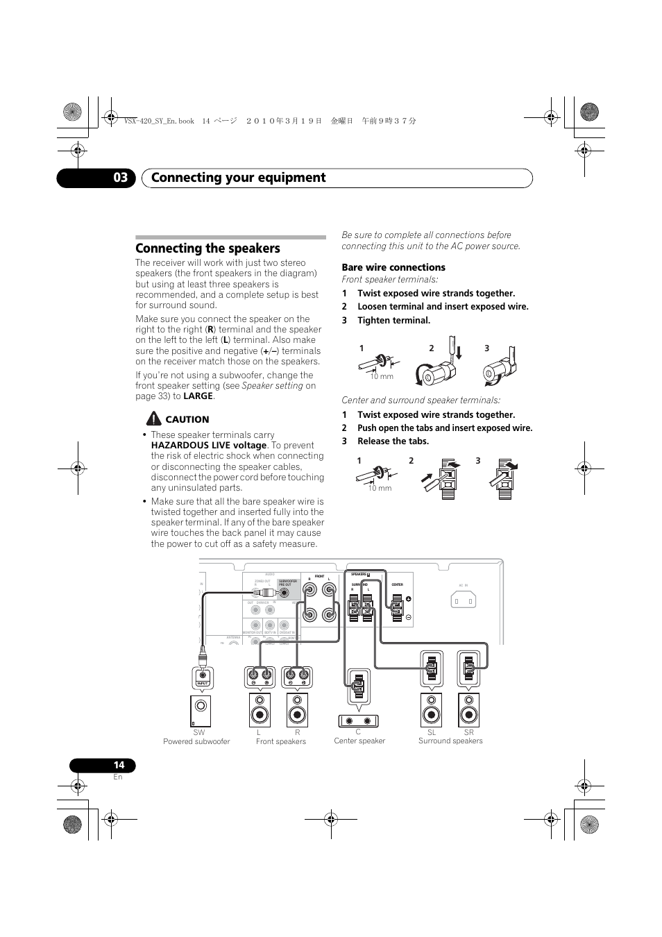 Connecting the speakers, Connecting your equipment 03, Bare wire connections | Pioneer VSX-420-S User Manual | Page 14 / 136