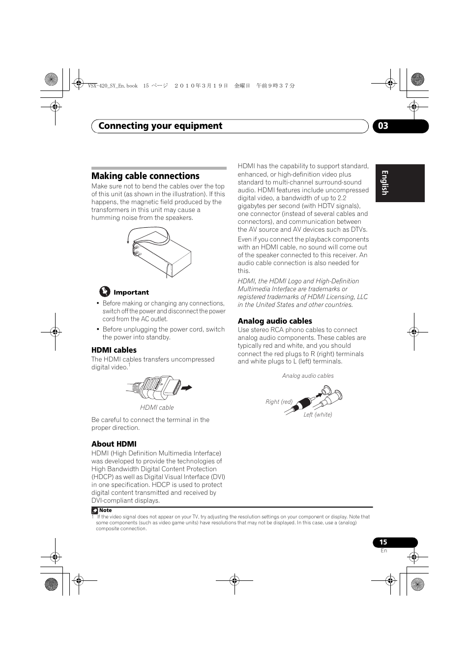 Making cable connections, Hdmi cables, About hdmi | Analog audio cables, Connecting your equipment 03 | Pioneer VSX-420-S User Manual | Page 15 / 136