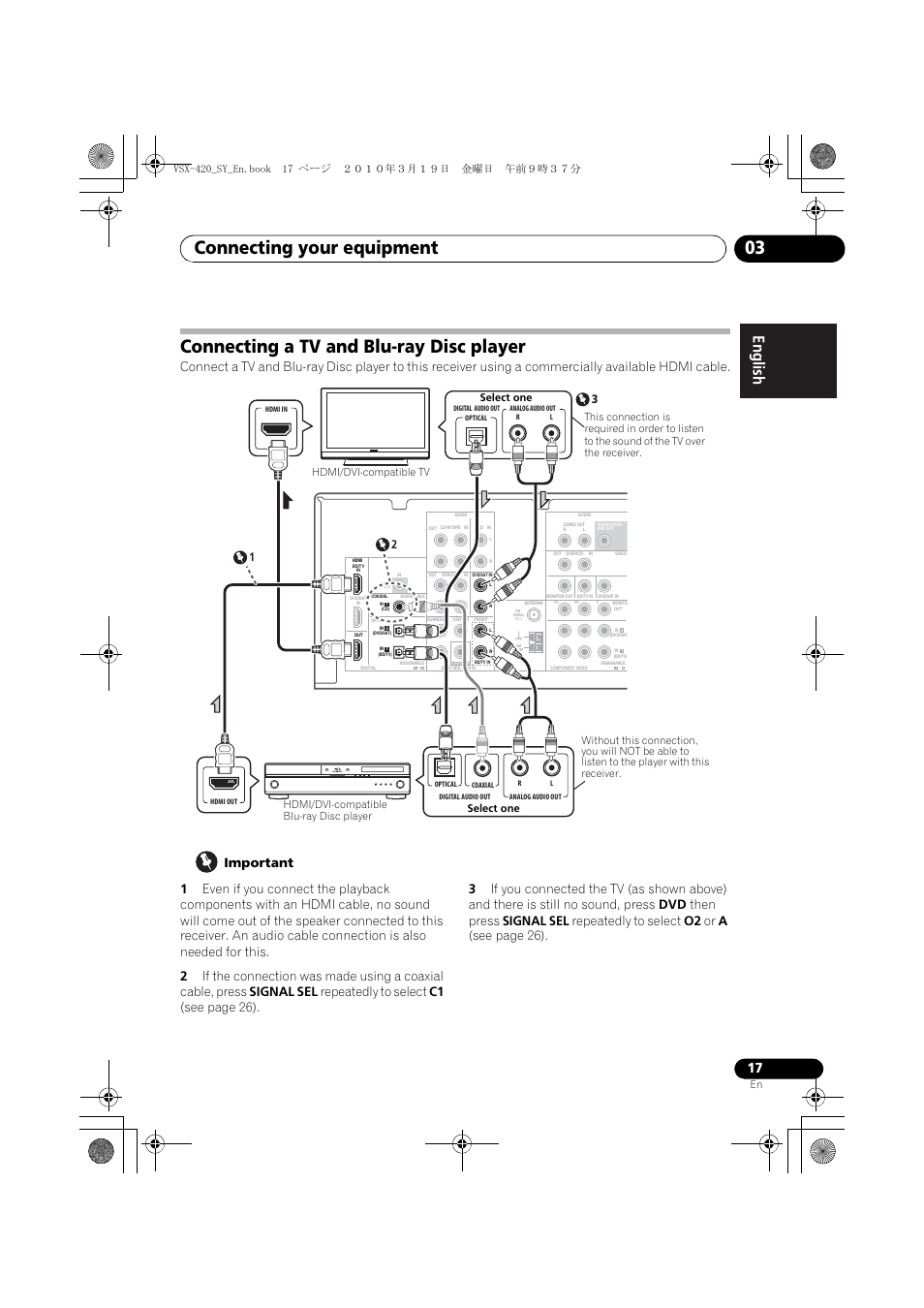 Connecting a tv and blu-ray disc player, Connecting your equipment 03 | Pioneer VSX-420-S User Manual | Page 17 / 136