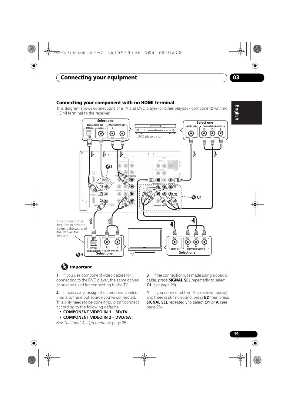 Connecting your component with no hdmi terminal, Connecting your equipment 03, Select one | Pioneer VSX-420-S User Manual | Page 19 / 136