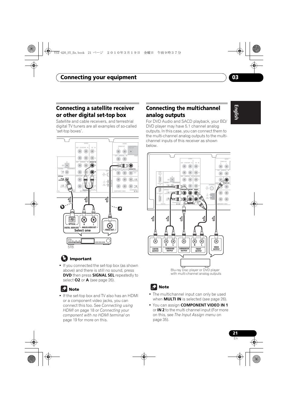 Connecting the multichannel analog outputs, Connecting your equipment 03, Stb select one | Pioneer VSX-420-S User Manual | Page 21 / 136