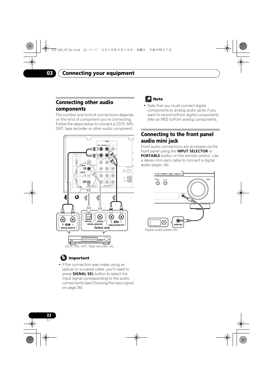 Connecting other audio components, Connecting to the front panel audio mini jack, Connecting your equipment 03 | Cd-r, md, dat, tape recorder, etc. select one | Pioneer VSX-420-S User Manual | Page 22 / 136
