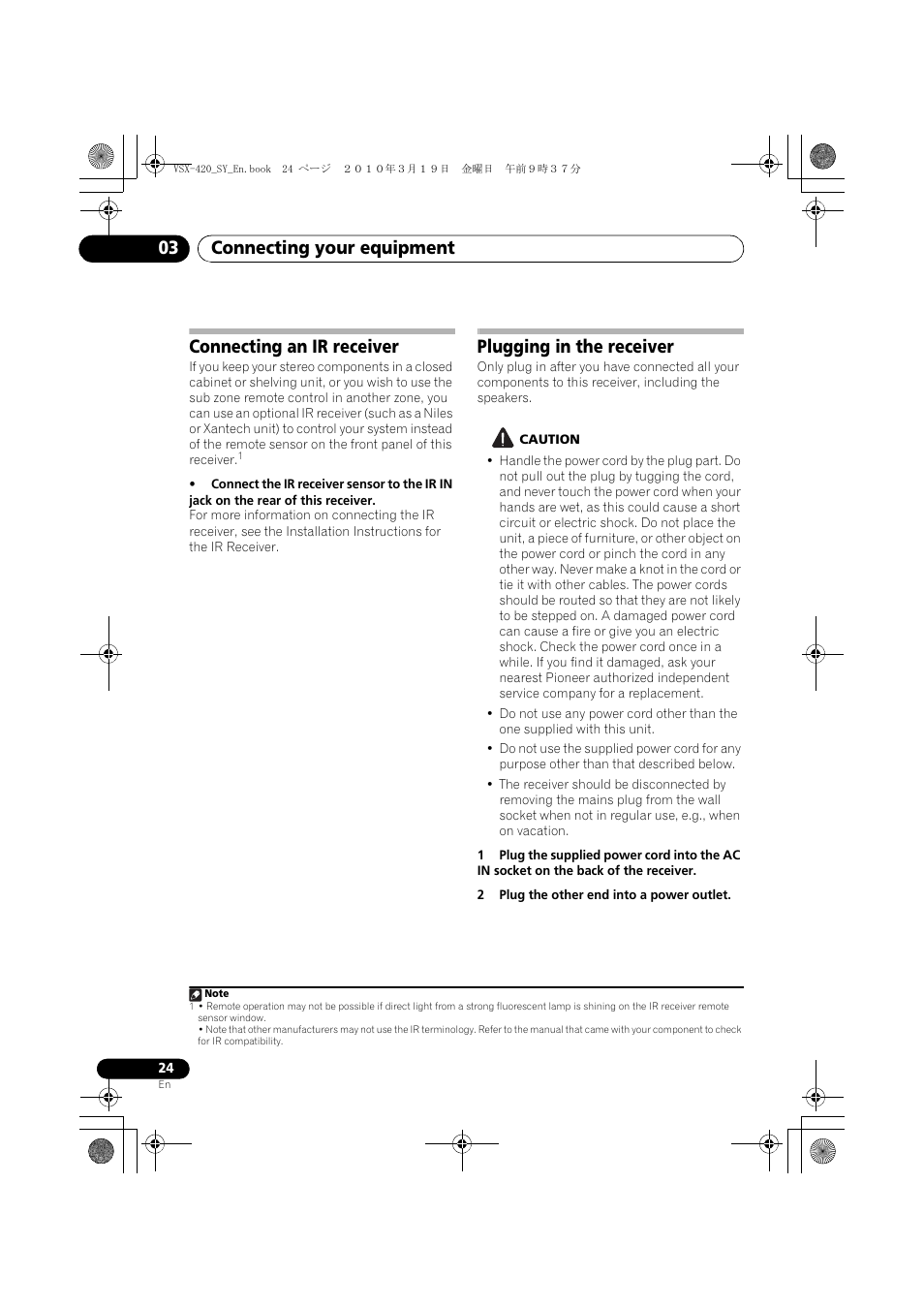Connecting an ir receiver, Plugging in the receiver, Connecting your equipment 03 | Pioneer VSX-420-S User Manual | Page 24 / 136