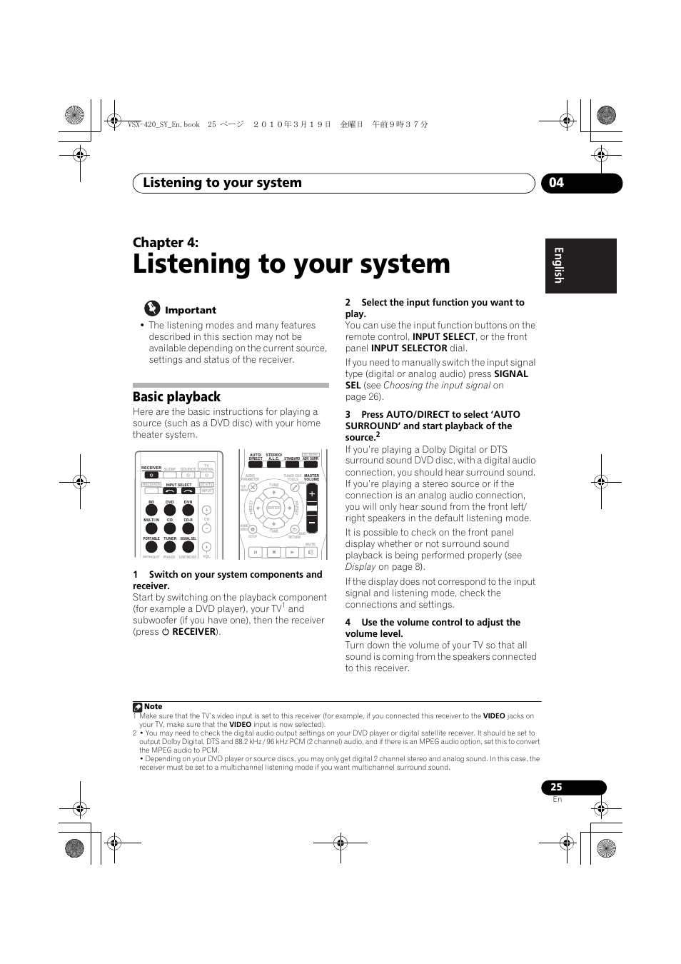 04 listening to your system, Basic playback, Listening to your system | Listening to your system 04, Chapter 4 | Pioneer VSX-420-S User Manual | Page 25 / 136
