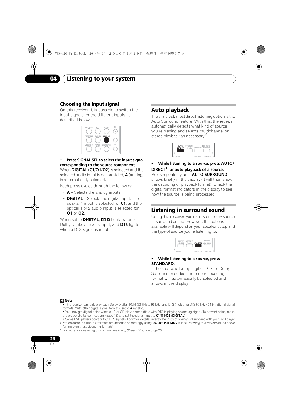 Choosing the input signal, Auto playback, Listening in surround sound | Listening to your system 04 | Pioneer VSX-420-S User Manual | Page 26 / 136