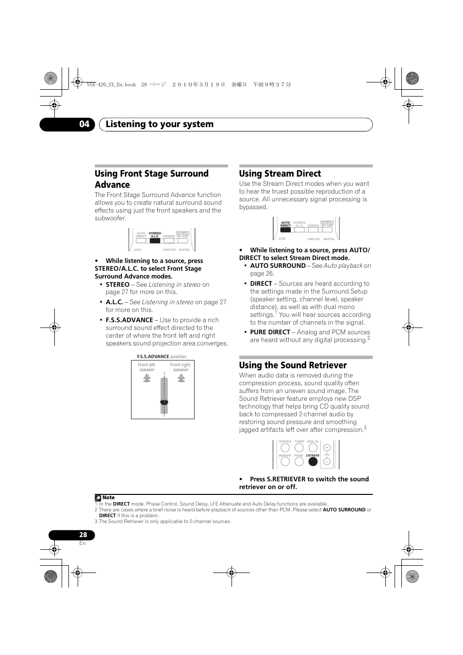 Using front stage surround advance, Using stream direct, Using the sound retriever | Listening to your system 04 | Pioneer VSX-420-S User Manual | Page 28 / 136