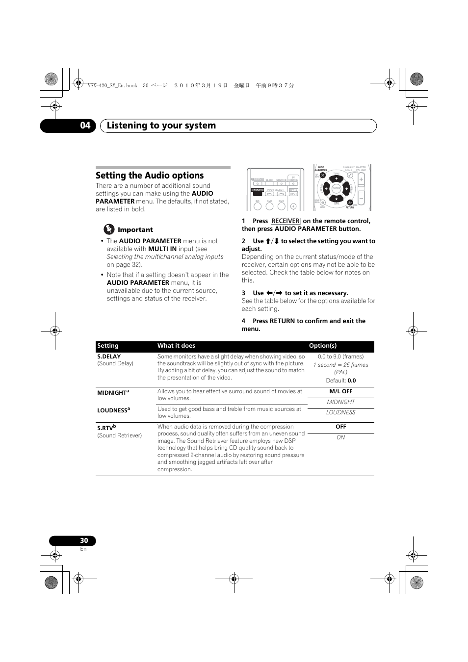 Setting the audio options, Listening to your system 04, Receiver | Pioneer VSX-420-S User Manual | Page 30 / 136