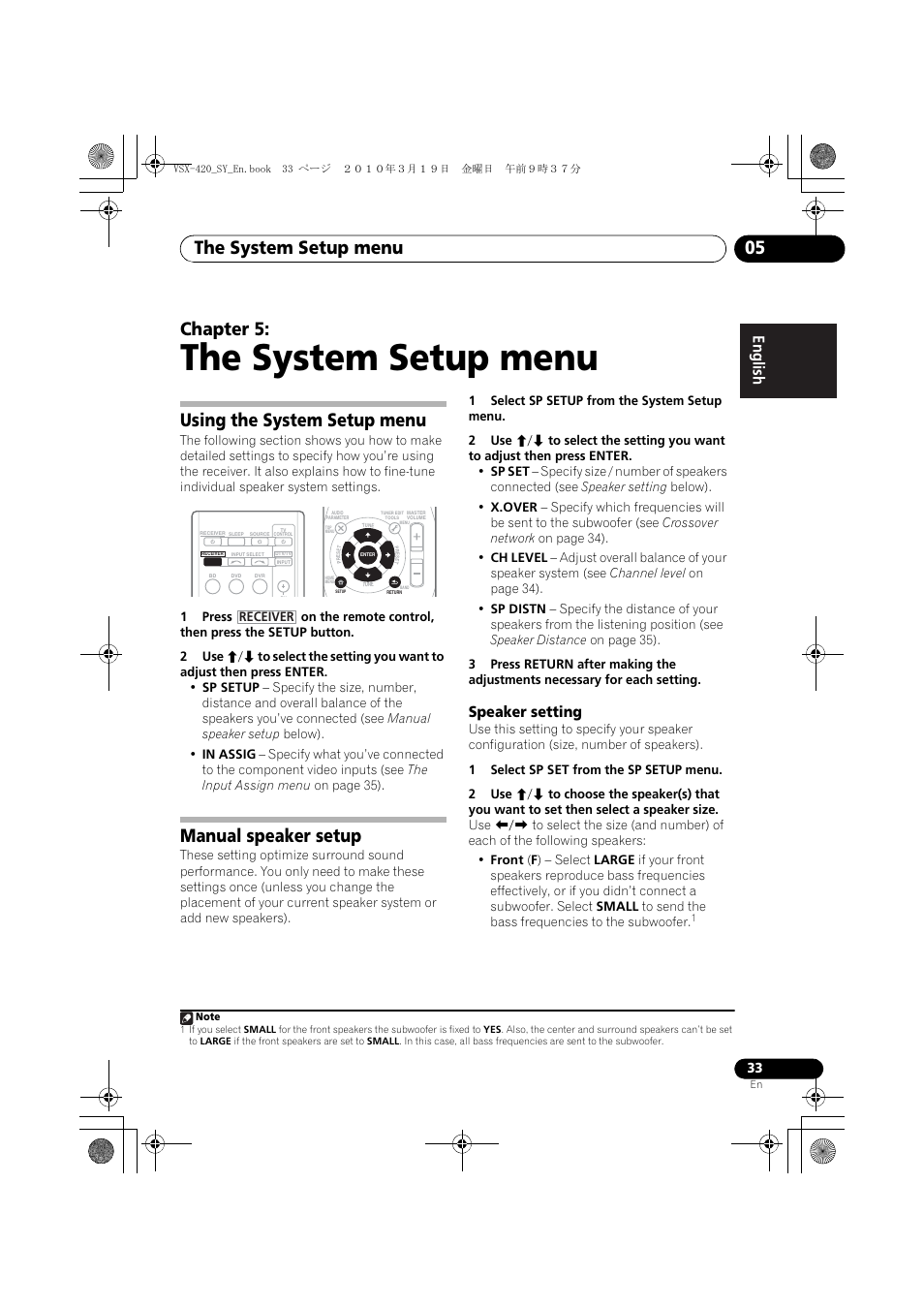 05 the system setup menu, Using the system setup menu, Manual speaker setup | Speaker setting, The system setup menu, The system setup menu 05, Chapter 5 | Pioneer VSX-420-S User Manual | Page 33 / 136