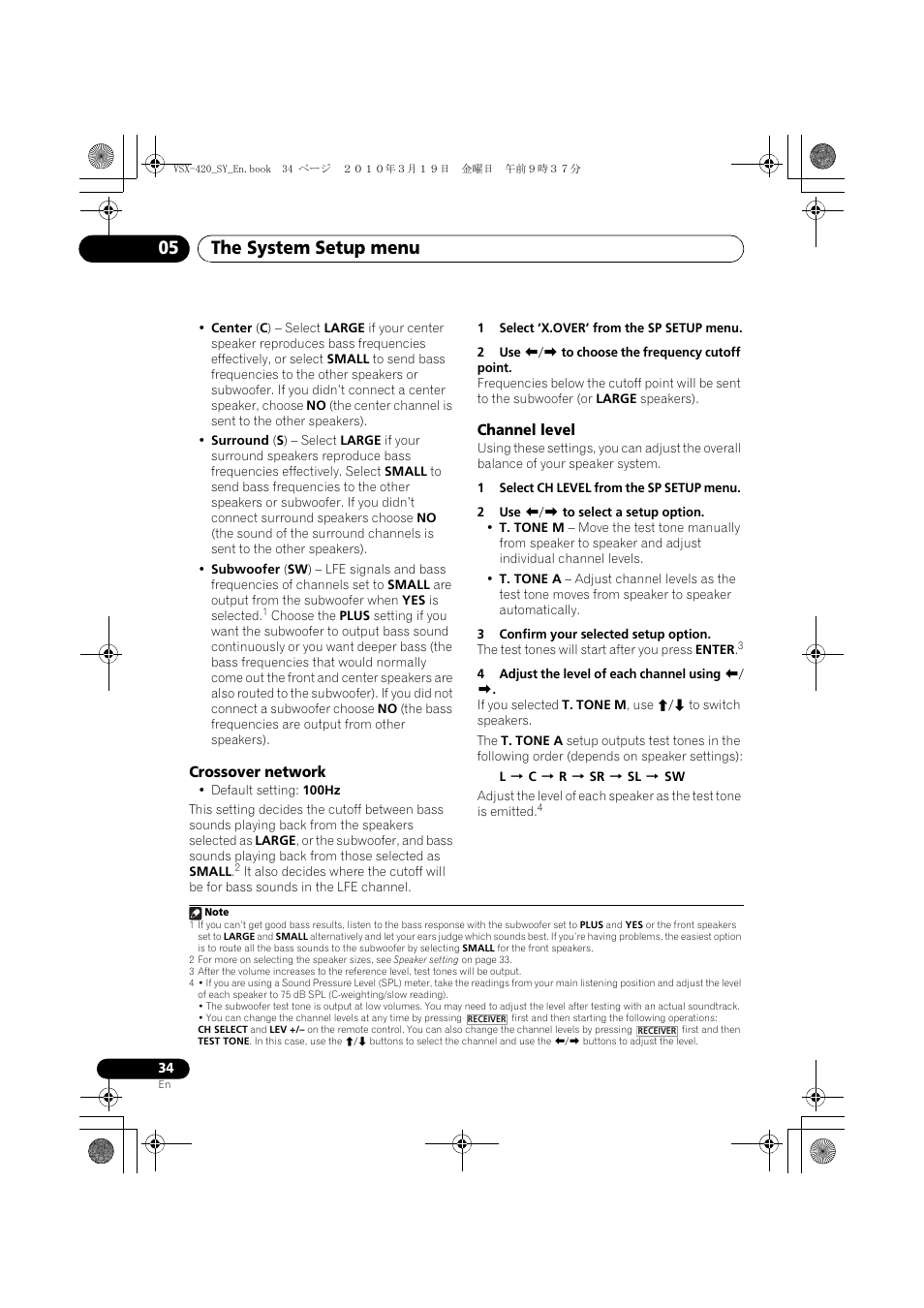 Crossover network, Channel level, The system setup menu 05 | Pioneer VSX-420-S User Manual | Page 34 / 136