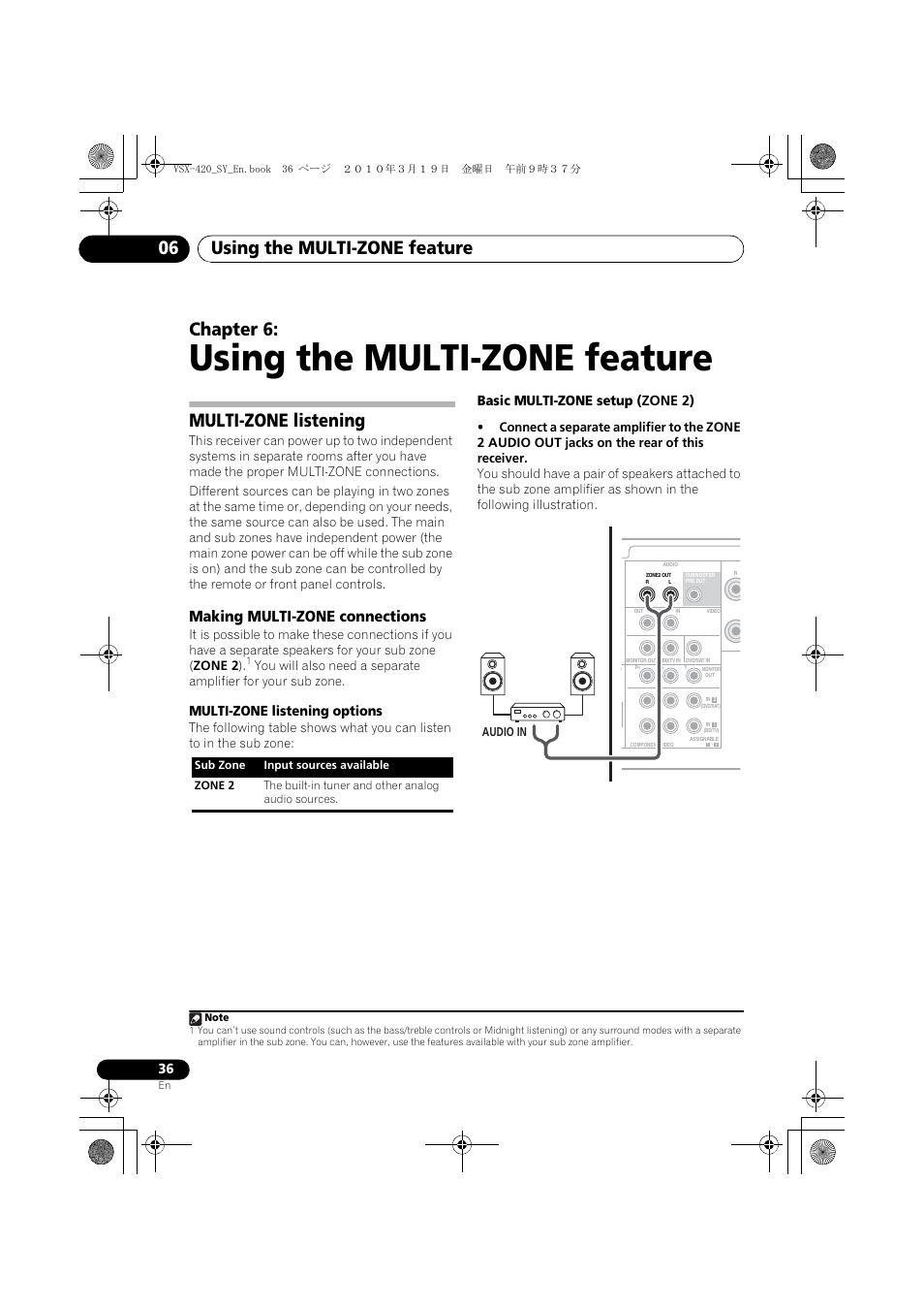 06 using the multi-zone feature, Multi-zone listening, Making multi-zone connections | Using the multi-zone feature, Using the multi-zone feature 06, Chapter 6, Multi-zone listening options, Basic multi-zone setup (zone 2) | Pioneer VSX-420-S User Manual | Page 36 / 136