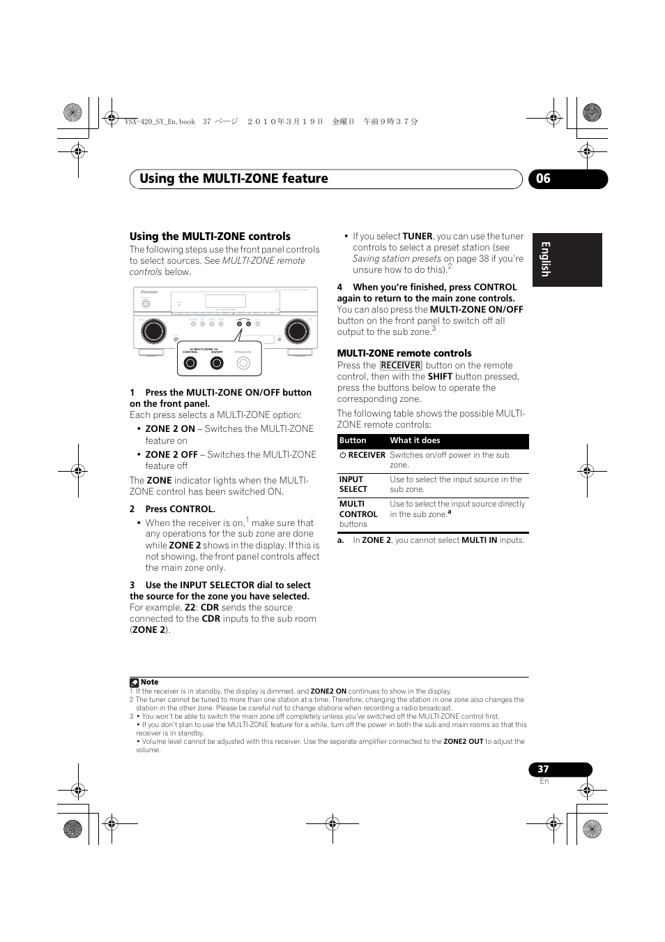 Using the multi-zone controls, Using the multi-zone feature 06 | Pioneer VSX-420-S User Manual | Page 37 / 136
