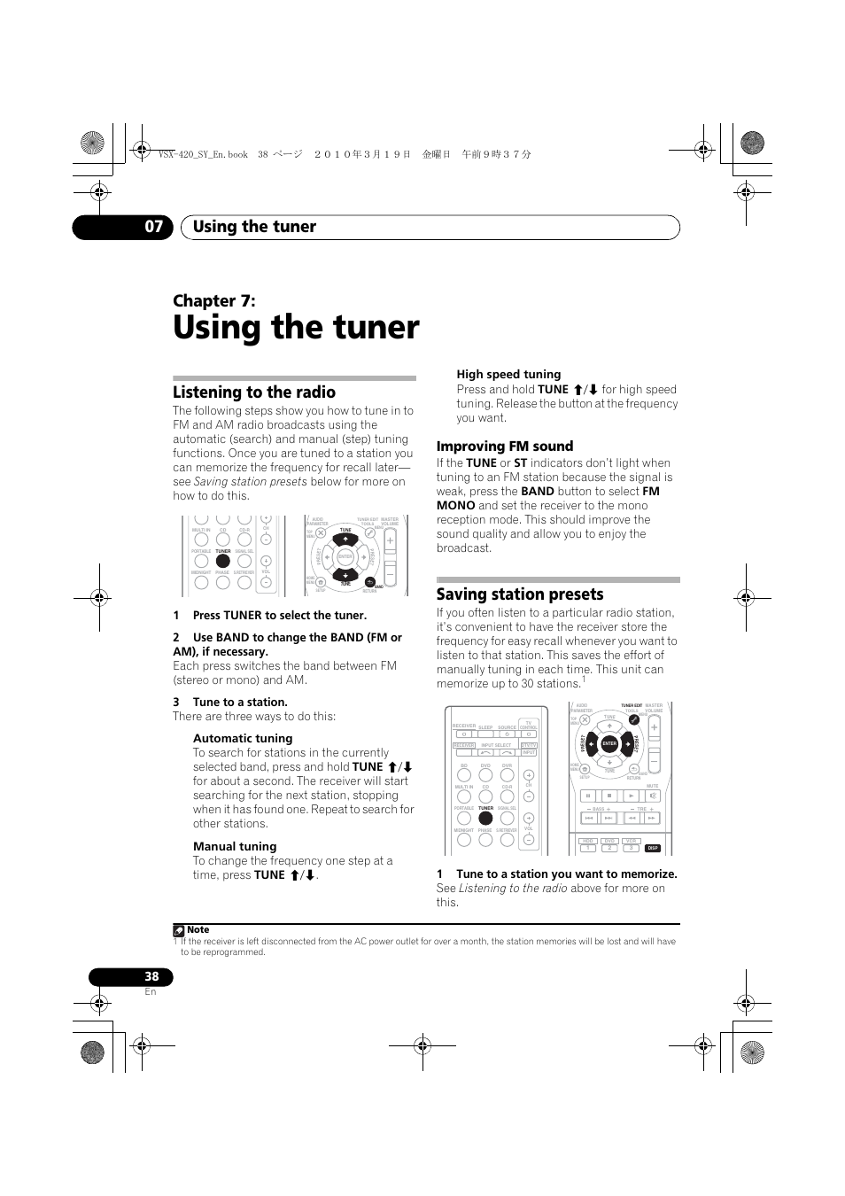 07 using the tuner, Listening to the radio, Improving fm sound | Saving station presets, Using the tuner, Using the tuner 07, Chapter 7 | Pioneer VSX-420-S User Manual | Page 38 / 136